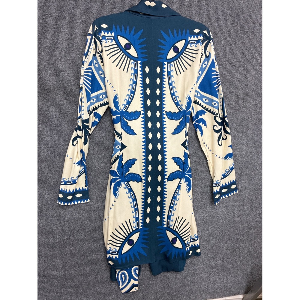 Farm Rio for Anthropologie Blue Graphic Print Wrap Mini Dress NWT Size L - Picture 8 of 8
